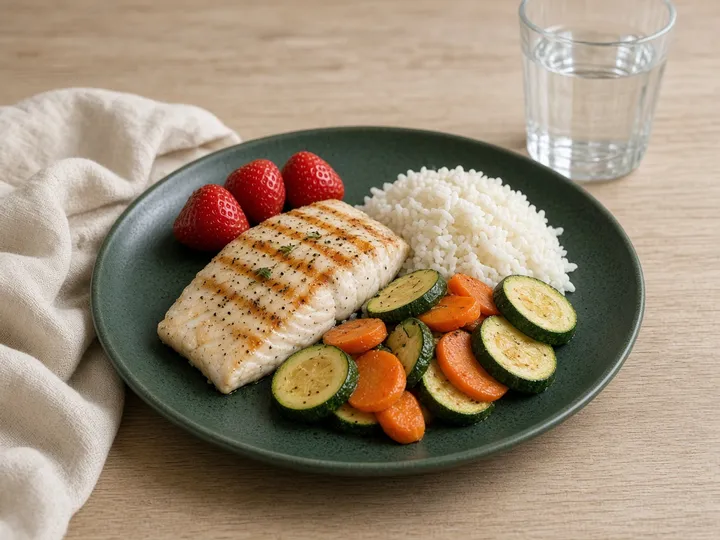 Düşük FODMAP örneği: ızgara balık, pirinç, havuç ve kabak