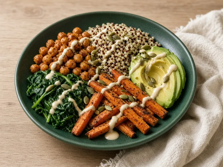 Bitkisel proteinli bir tabak: nohut, kinoa, avokado ve yeşillik
